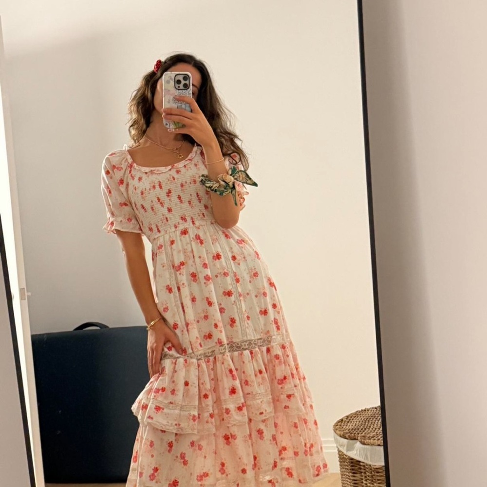 LoveShackFancy Cream and Pink Floral Midi Dress